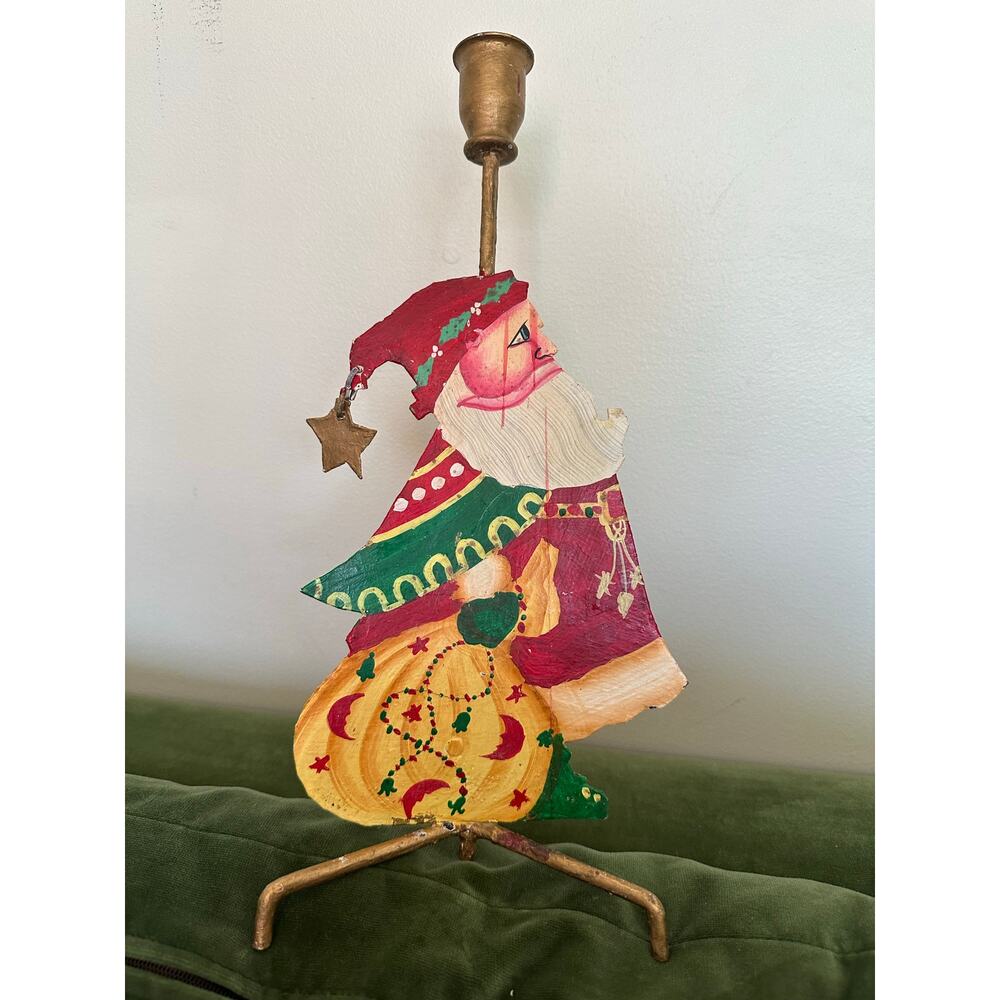 Vintage Santa Claus Candlestick candle holder metal Christmas 15x6” folk art
